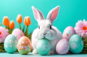 A small white fluffy rabbit sits near colorful Easter eggs and flowers on a blue background