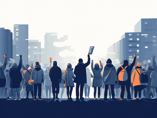 Crowd of protesters with raised hands on city street, graphic illustration style