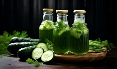 Bottles of juice with cucumber and parsley on grey backround