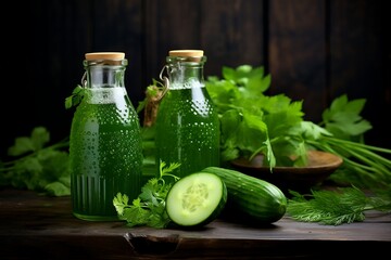 Cucumber juice in glass bottle with ingredients on dark wooden background