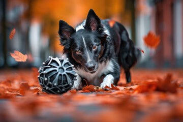 border collie dog, halloween themed playing with ball.