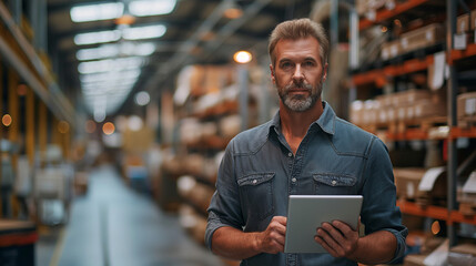 A usa man in a modern factory with a tablet in his hands - obrazy, fototapety, plakaty