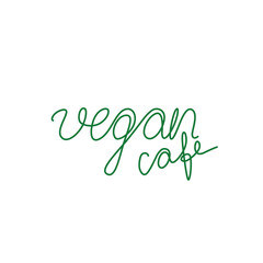 Vegan cafe emblem or logo design, continuous line drawing, hand lettering, neon, banner, poster, flyers, marketing, one single line on white background, isolated vector illustration.