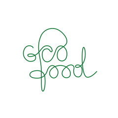 Eco food emblem or logo design, continuous line drawing, hand drawn lettering, modern calligraphy, one single line on a white background, isolated vector illustration