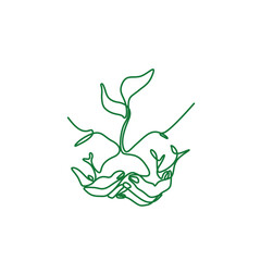 Hands holding plant, ecology theme icon. Print for clothes, t-shirt, emblem or logo design, continuous line drawing, small tattoo, isolated vector illustration. Growing plant in hand palm. 