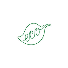 Eco with leaf, emblem or logo design, continuous line drawing, neon, banner, poster, flyers, marketing, one single line on white background, isolated vector illustration.