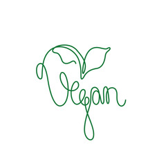 Vegan, emblem or logo design, continuous line drawing, hand lettering small tattoo, print for clothes, t-shirt, one single line on a white background, isolated vector illustration.