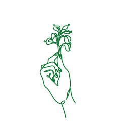 Hand holding plant, eco icon. Growing plant in hand palm. print for clothes, t-shirt, emblem or logo design, continuous line drawing, small tattoo, isolated vector illustration.