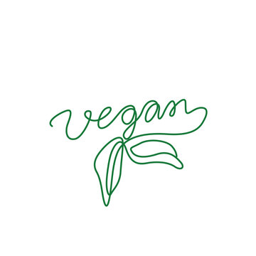 Vegan with leaf emblem or logo design, continuous line drawing, hand lettering small tattoo, print for clothes, t-shirt, one single line on a white background, isolated vector illustration.