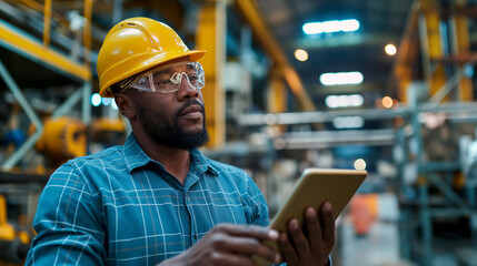 A usa man in a modern factory with a tablet in his hands
