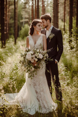 Portrait of a serene image of a bride and groom in a lovley darkgreen forest Wallpaper Digital Art Magazine Background Poster Card