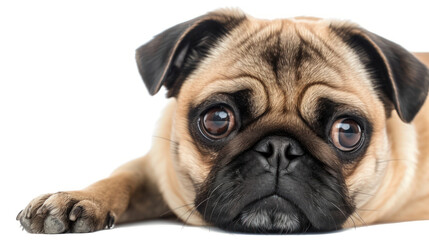 A Playful Pug Captivates with its Adorable Expression on a Crystal-Clear Background