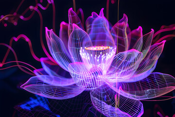 Intricate neon wireframe of a blooming lotus flower with purple and pink light trails isotated on black background. Created with generative AI.