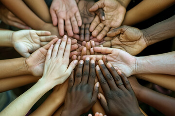 A group of multicultural people with their hands together. Diverse community teamwork