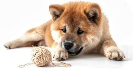 Fototapeta premium Playful Akita Dog Enjoys Yarn Ball on a Crystal-Clear Background