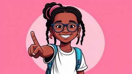 An African-American elementary school girl with a backpack, wearing a white T-shirt, showing  on a pink background. A happy student girl celebrates freedom by recommending the best education choice.