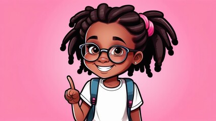 An African-American elementary school girl with a backpack,  showing a thumbs-up on a pink background. A happy student girl celebrates freedom by recommending the best education choice.