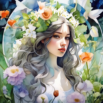 Portrait of a girl. There are many delicate flowers around. Concept - nature wakes up, spring mood, Navruz holiday, spring equinox. Square illustration.