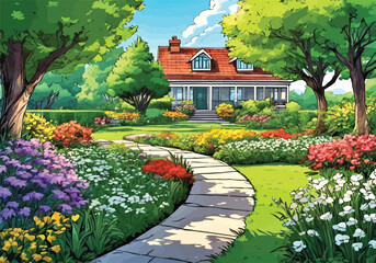 Obraz premium Garden landscape with vibrant flowers and greenery: Animation Vector illustration. Sunny courtyard area with Flowers and grass. 