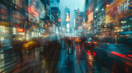 A bustling cityscape with streaks of light and dynamic movement, capturing the energy and constant motion of urban life in a vibrant metropolis. - obrazy, fototapety, plakaty