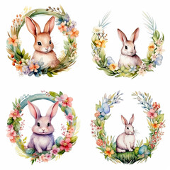 Watercolor Rabbit round floral frame, Happy Easter greeting card, decorative sketch colorful illustration isolated on white backdrop festive animal for design holiday postcard