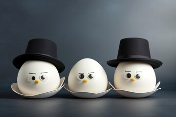 Obraz premium Funny eggs with faces in the kitchen. The concept of laughter and humor