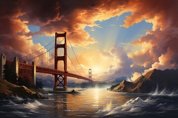 Golden Gate Bridge on the background of dramatic sky during sunset, waves, stormy weather, USA, San Francisco - Powered by Adobe