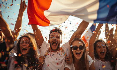 A group of people partying and cheering in celebration with the flag of france - obrazy, fototapety, plakaty