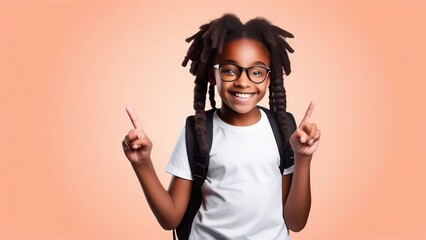 An African-American elementary school girl with a backpack, showing a thumbs-up on peach fuzz. A happy student girl celebrates freedom by recommending the best education choice. - obrazy, fototapety, plakaty