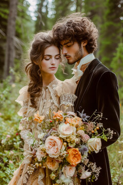 Portrait of a serene image of a bride and groom in a lovley darkgreen forest Wallpaper Digital Art Magazine Background Poster Card