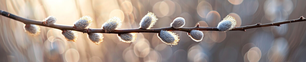 Banner with willow branch gainst spring background - obrazy, fototapety, plakaty