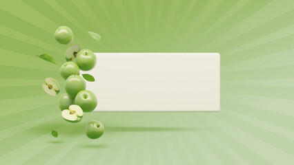 Obraz premium Online Fruit Business banner With 3d rendering Green apple. Apples isolated. Levitation of ripe green apples, Whole, half, slice green apple set with clipping path.