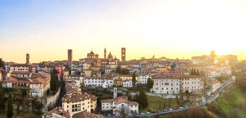 High point of view at buildings in Bergamo Alta during dusk, Lombardy Italy.