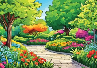 Fototapete Grün Garden landscape with vibrant flowers and greenery: Animation Vector illustration. Sunny courtyard area with Flowers and grass.  