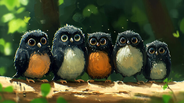 Four cute owls sit on a tree branch in a forest