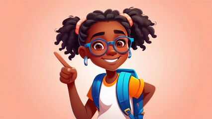 An African-American elementary school girl with a backpack,  showing a thumbs-up on peach fuzz. A happy student girl celebrates freedom by recommending the best education choice.