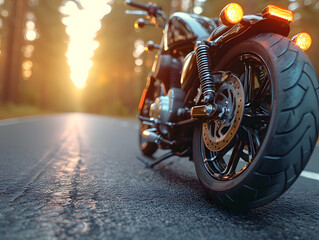 motorcycle on the road, wheel moto in the road. detail - obrazy, fototapety, plakaty