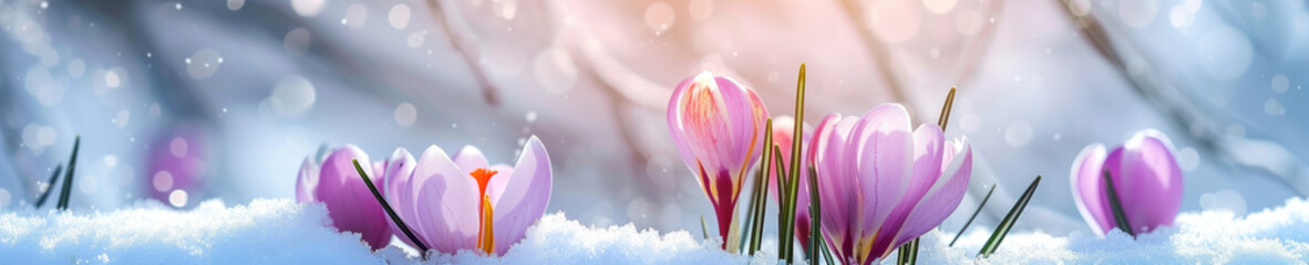 Banner with spring flowers growing from under the snow