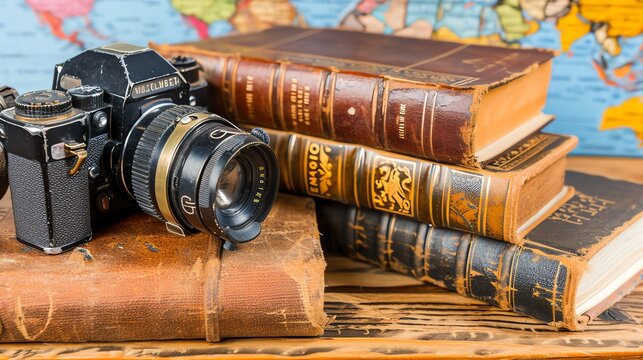 Vintage Camera and Classic Books Still Life