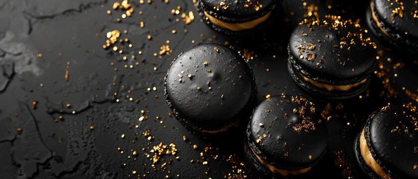 Black macarons with chocolate on black background with golden decoration. Pastry food mockup.Flat lay. Generative ai