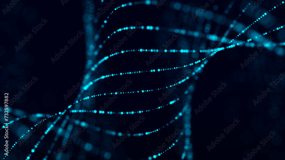Poster abstract blue background with moving glowing particles. big data. 3d rendering.