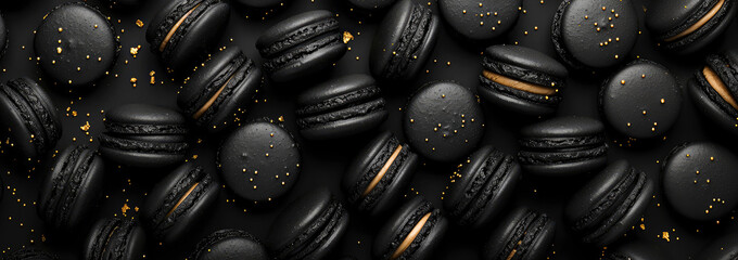 Black macarons with chocolate on black background with golden decoration. Pastry food mockup.Flat lay. Generative ai - obrazy, fototapety, plakaty