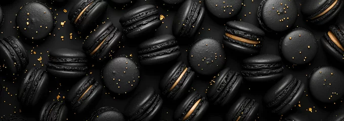 Foto op Canvas Black macarons with chocolate on black background with golden decoration. Pastry food mockup.Flat lay. Generative ai © Inai