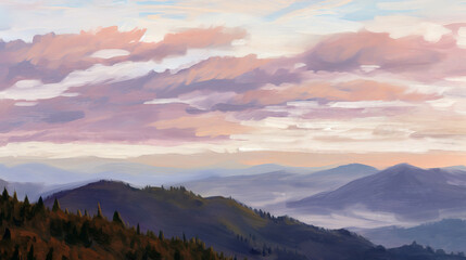 Digital painting of mountains and clouds in the sky