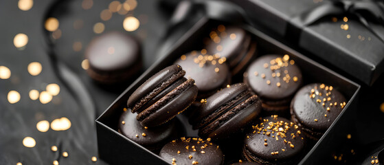 Dark chocolate macarons in gift box on black background with golden decoration. Pastry food mockup. Layout,  flat lay. Generative ai