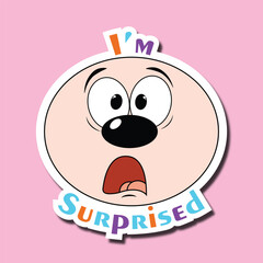 Funny face sticker. Emoticon with a surprised face. Expression of shock, surprise. Inscription: I'm surprised