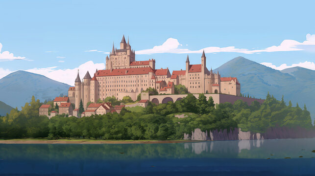 Panoramic view of a castle near a lake