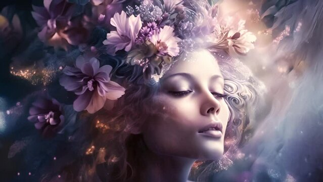 Creative fantasy portrait of a girl surrounded by flowers and clouds. Concept of dream, meditation, transcendent conscience and creative mind.