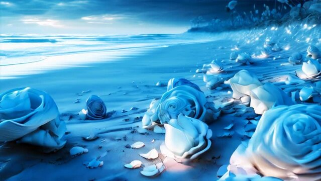 Dream landscape on a sandy beach with shells, flowers, pearls and little luminous glass spheres. Dream and meditation concept.