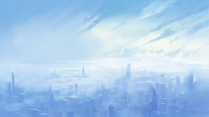 Futuristic city background with skyscrapers and blue cloudy sky